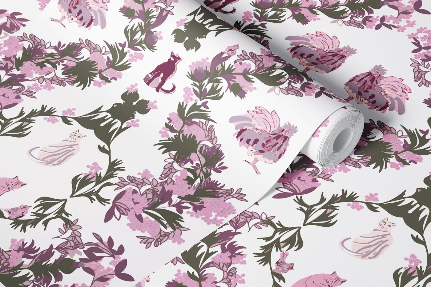 Cats in the Bushes pink white dark green wallpaper roll