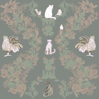 Cats in the Bushes in Green-Grey tapet
