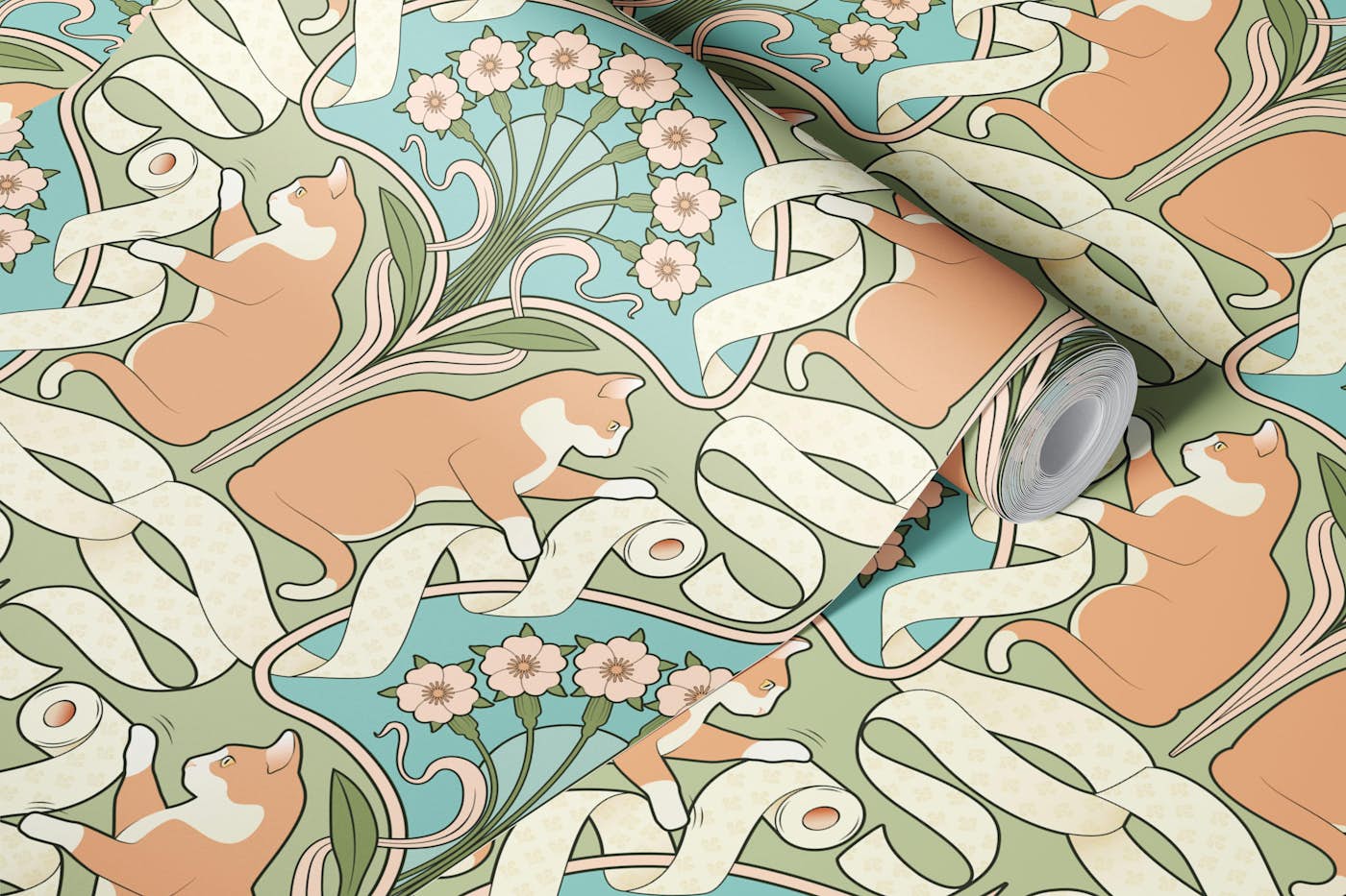 Cat and Toilet Paper Art Nouveau Bg Green 50 wallpaper roll