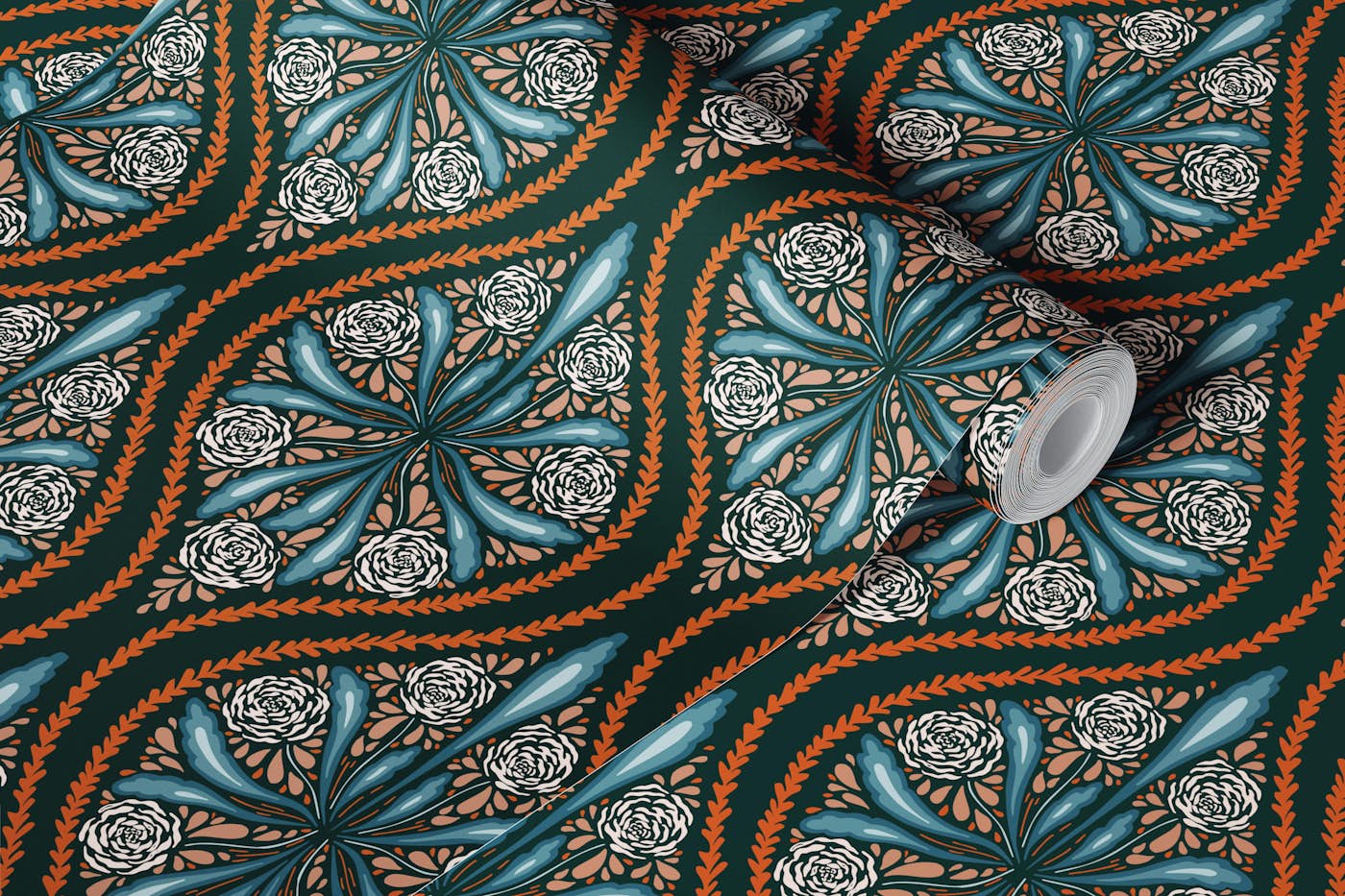 Retro Rosette Vibes in orange and blue wallpaper roll