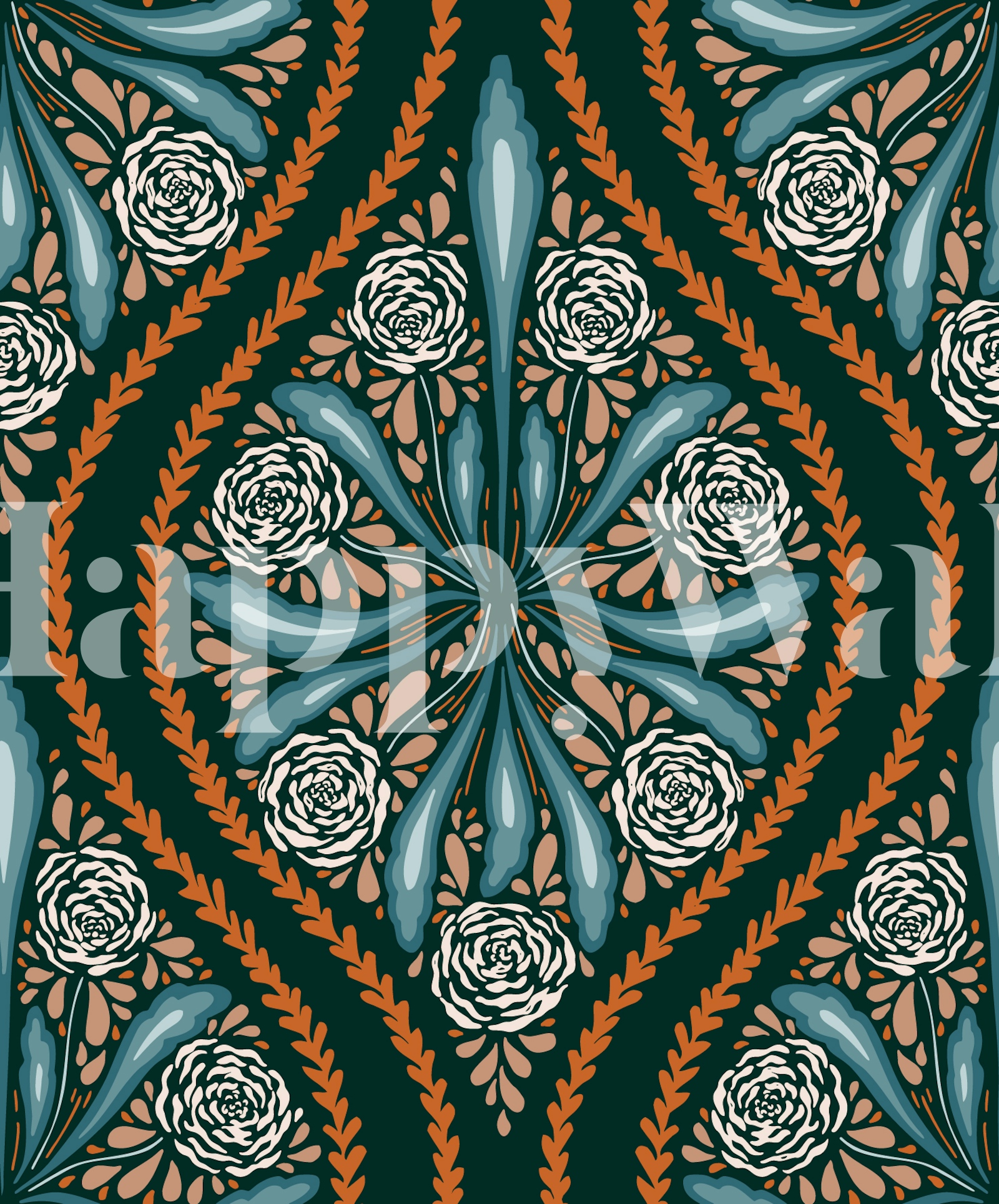 retro-floral-wallpaper-in-orange-and-blue