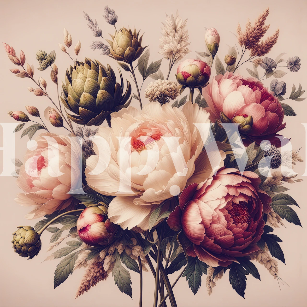 Tapeta Vintage Peonies warm tones w pokoju