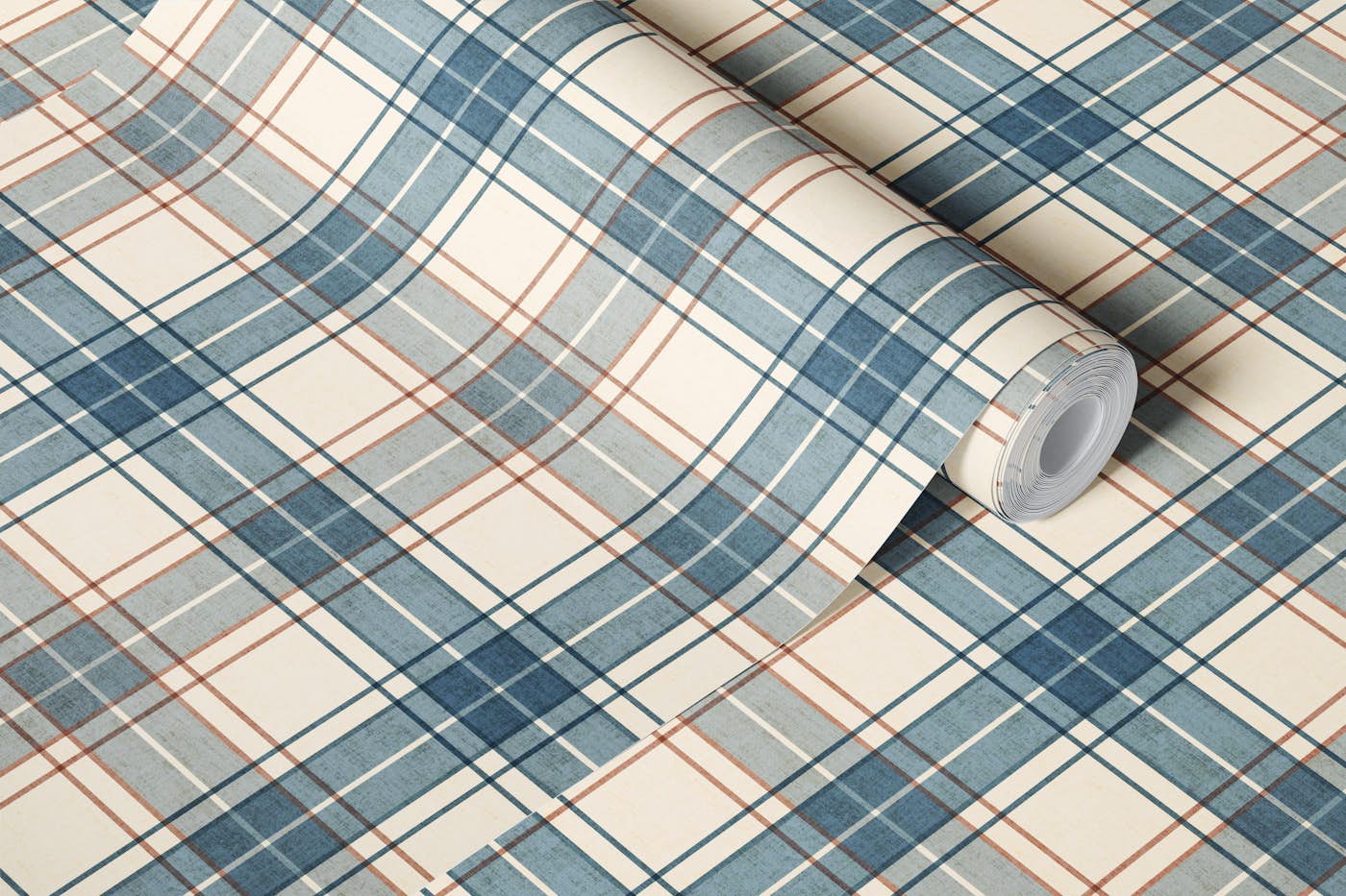 Classic Farmhouse Plaid Check Blue Brown wallpaper roll