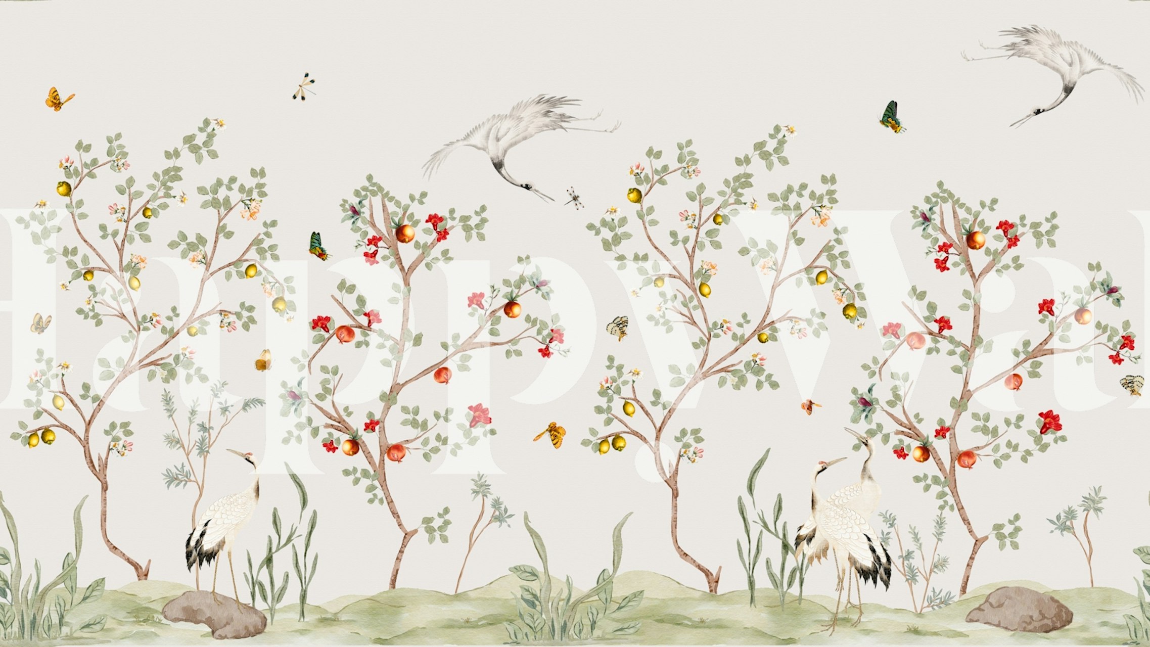 Cranes and floral trees in a pastel background wallpaper