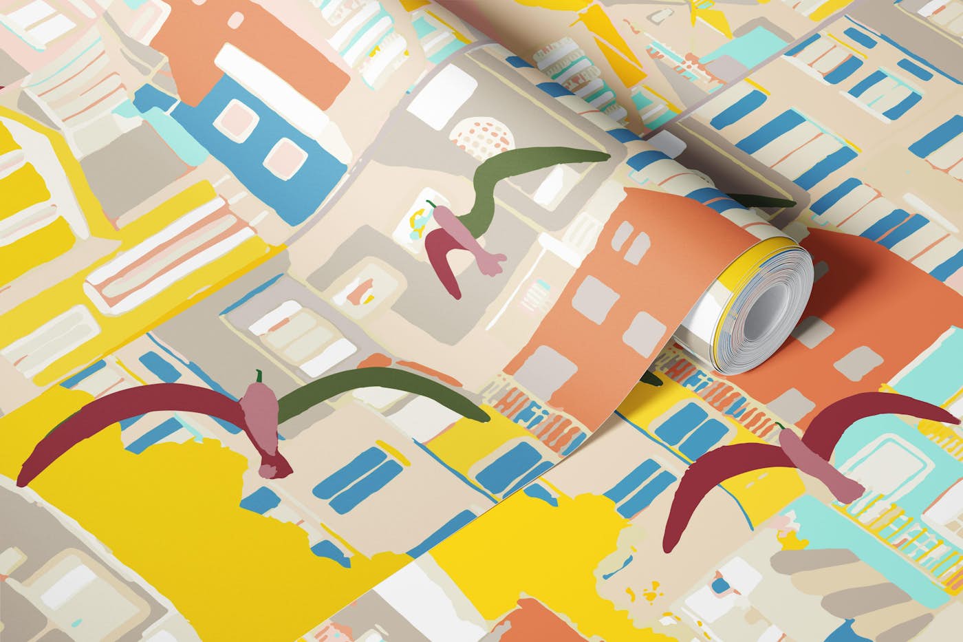 Coastal Village in Yellow wallpaper roll