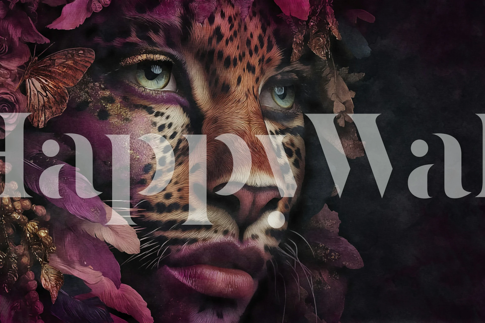 Cheetah lady with floral elements and dark background wallpaper