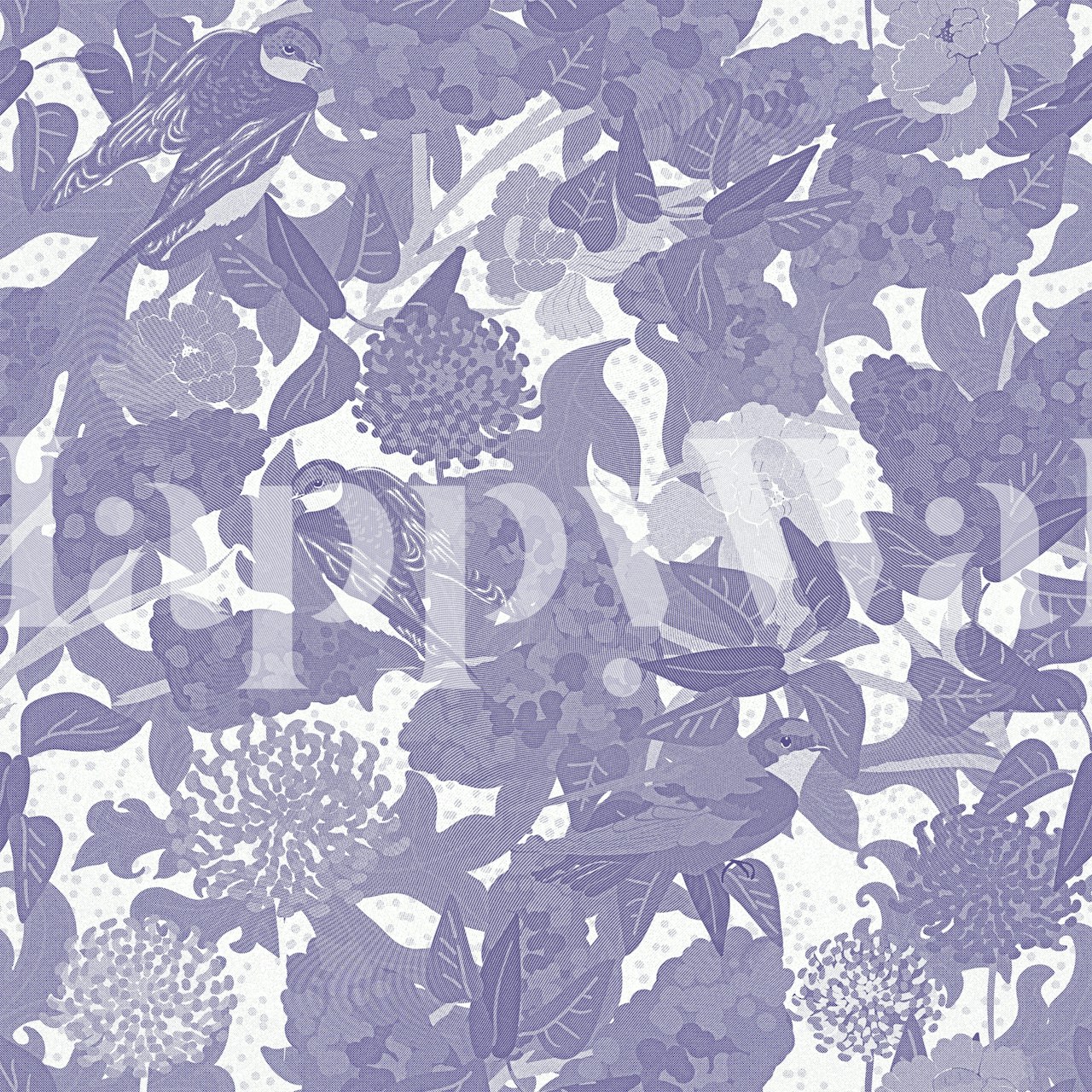 Swallows and lilacs purple wallpaper in a room