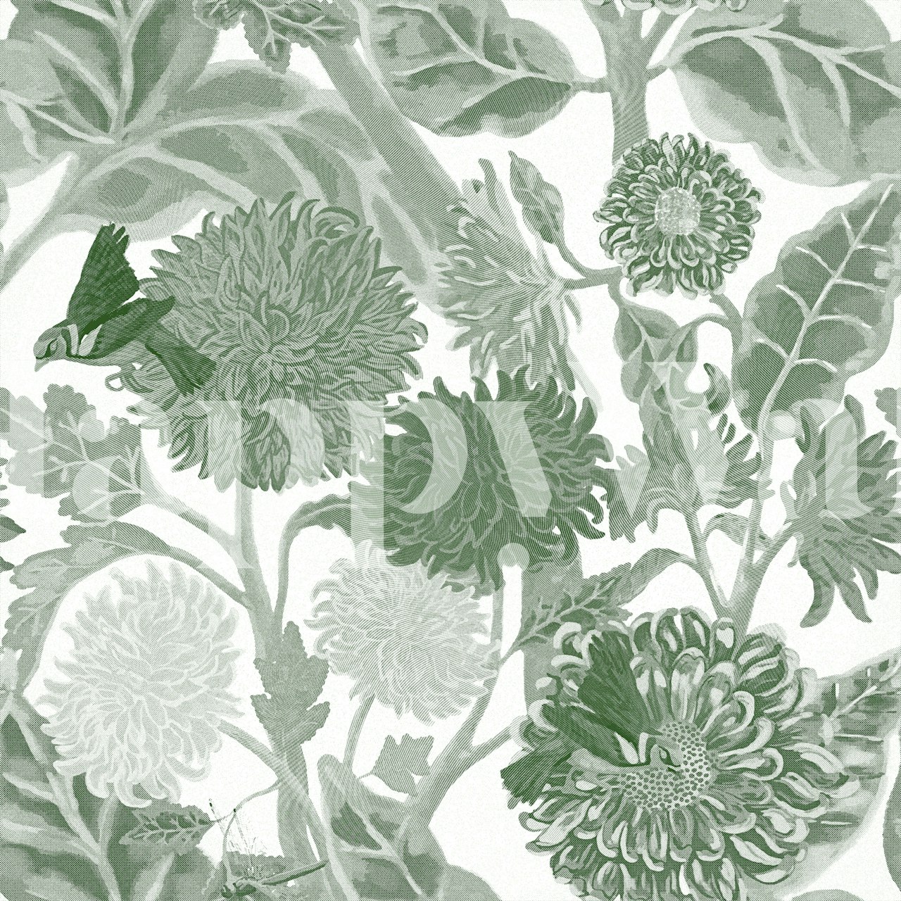 Sunflowers and dahlias in green wallpaper with botanical pattern
