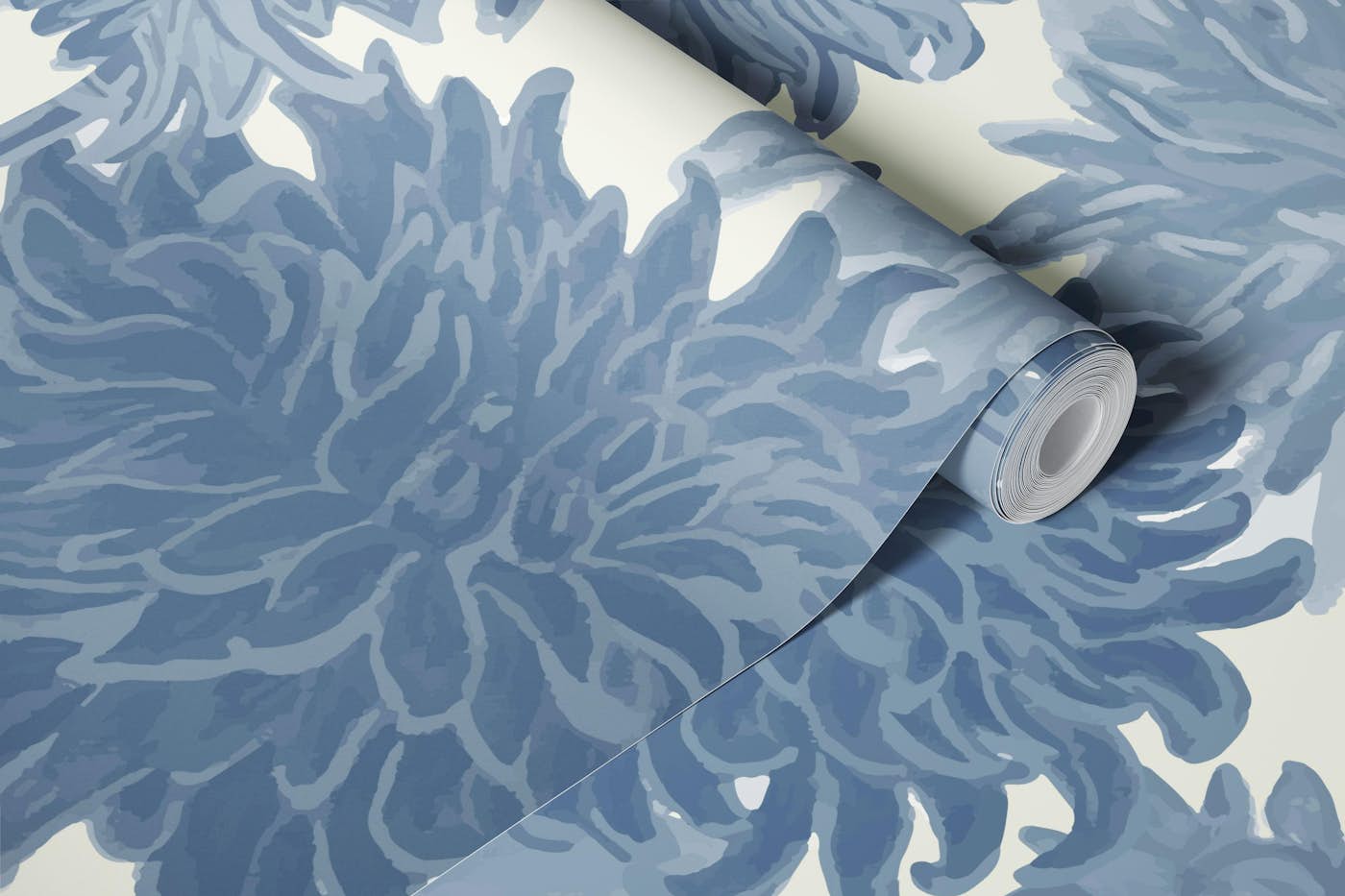 Sunflowers and Dahlias in Blue wallpaper roll