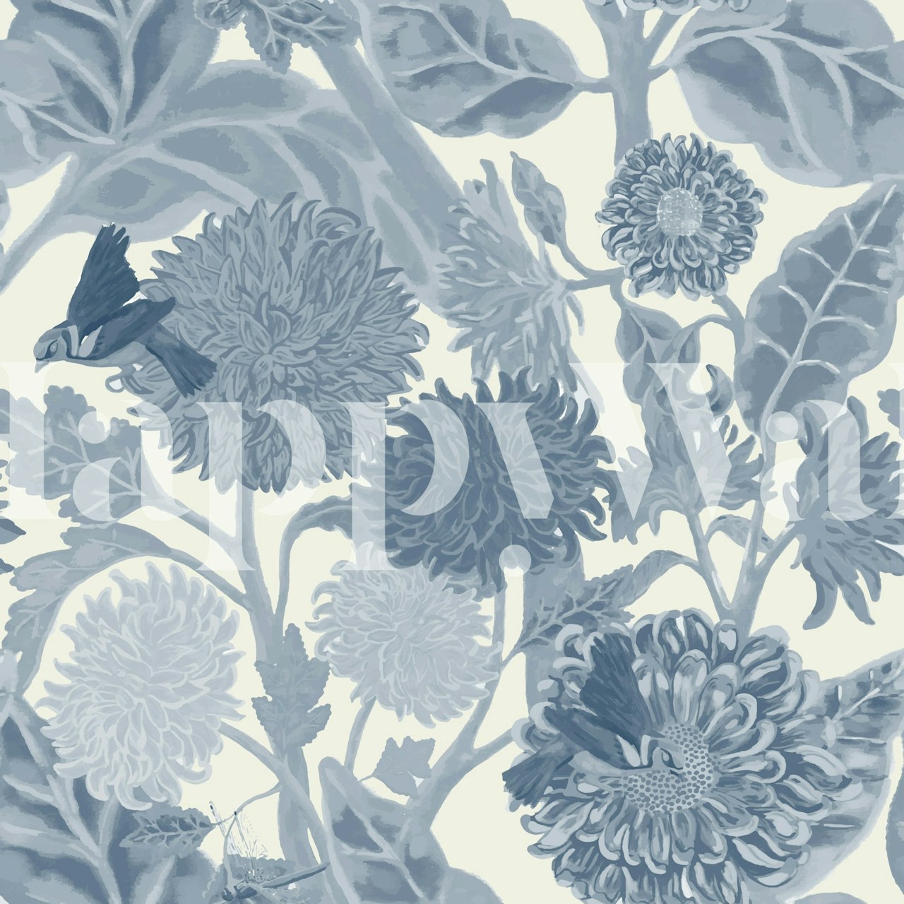 Sunflowers and Dahlias in Blue wallpaper in a room