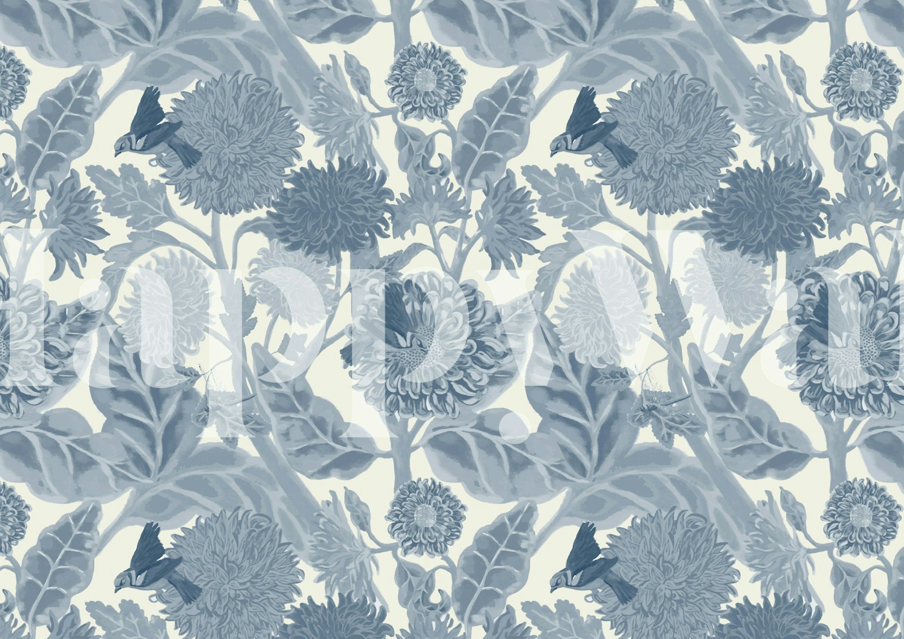 Sunflowers and Dahlias in Blue wallpaper in a room