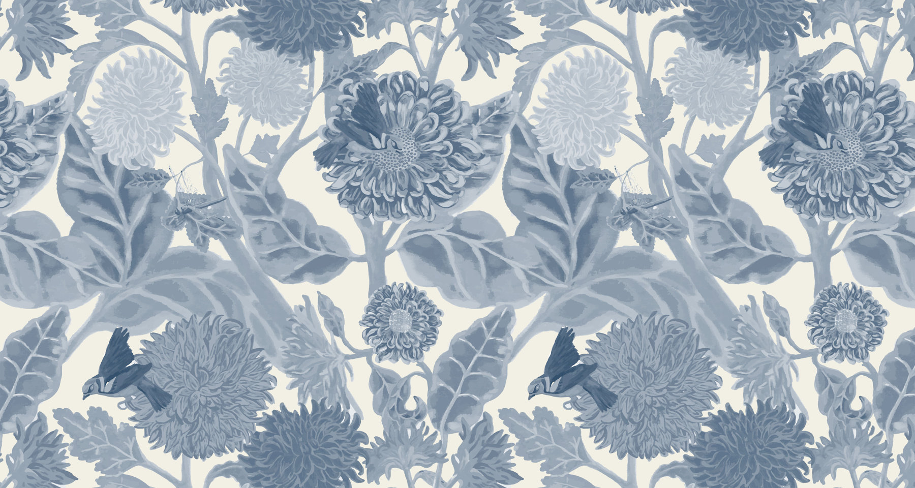 Sunflowers and Dahlias in Blue Wallpaper