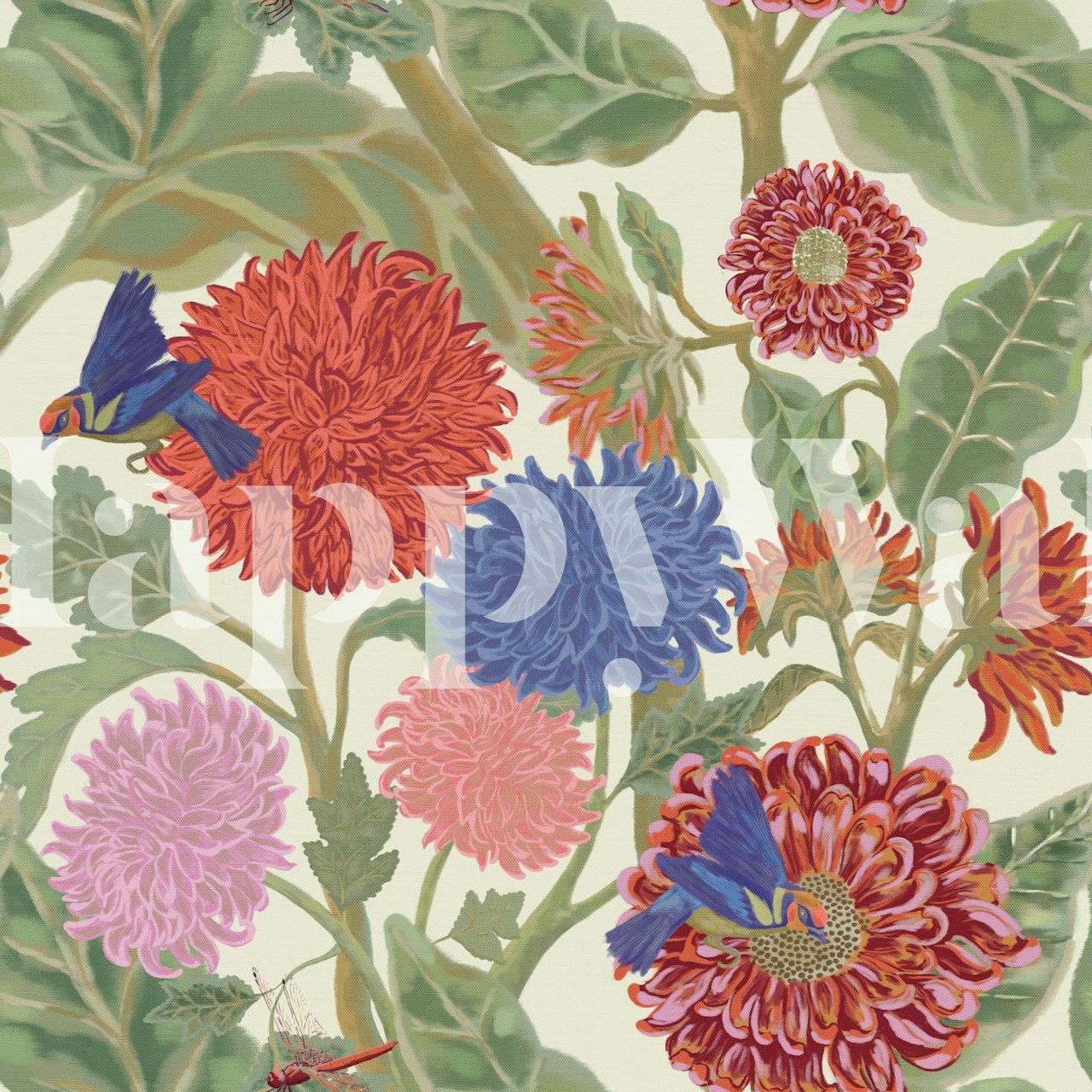 Sunflowers and dahlias wallpaper in a room