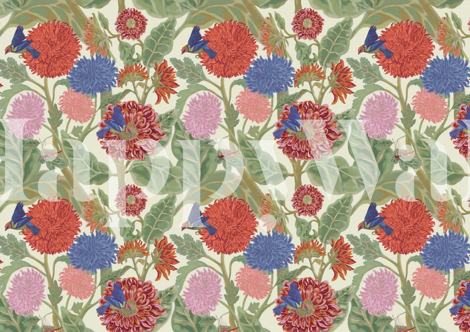 Sunflowers and dahlias wallpaper in a room