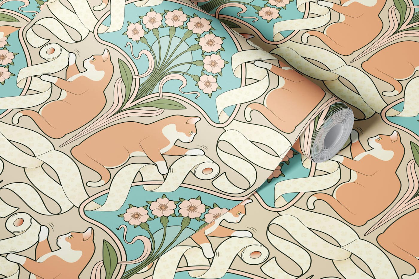 Cat and Toilet Paper Art Nouveau Bg Sand wallpaper roll