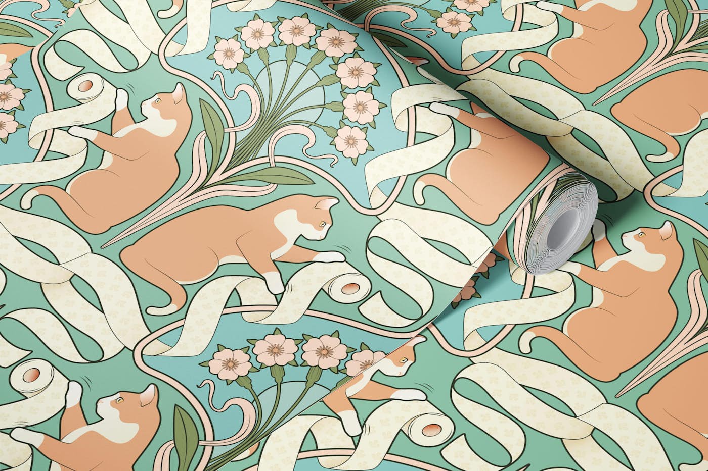 Cat and Toilet Paper Art Nouveau Summer Green wallpaper roll