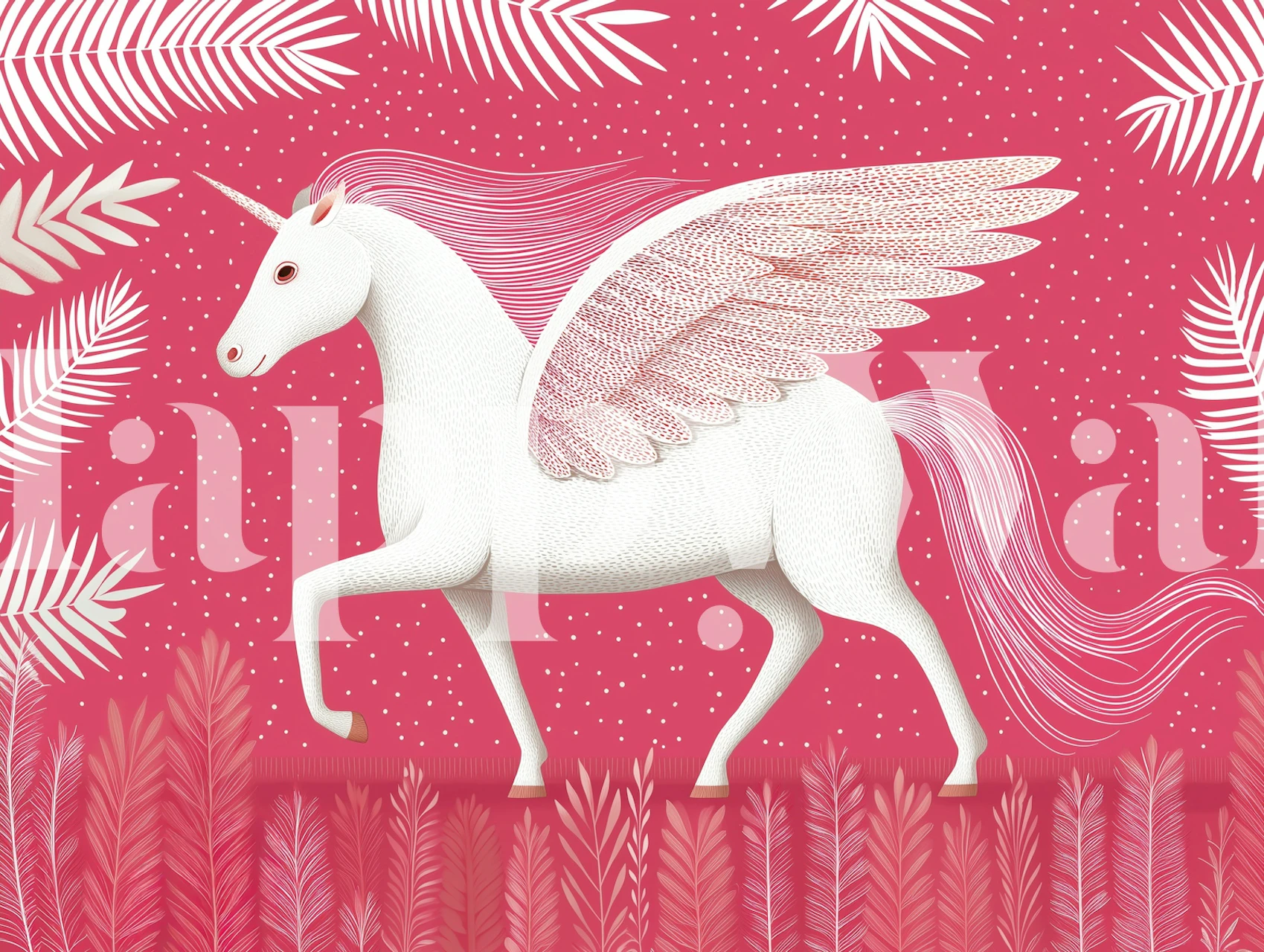White unicorn with wings on pink background with leaves wallpaper