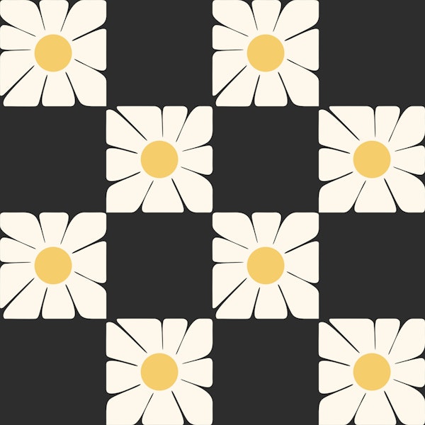 Sunny Daisies Squares Black Pattern