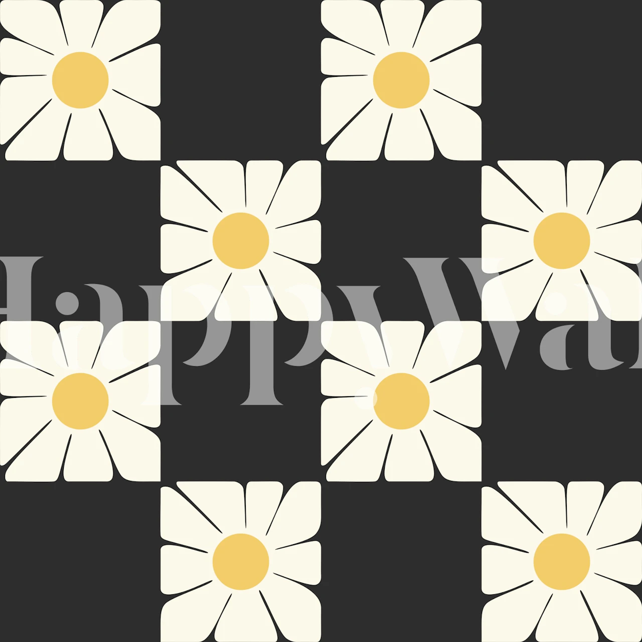 Black squares with white daisies and yellow centers wallpaper