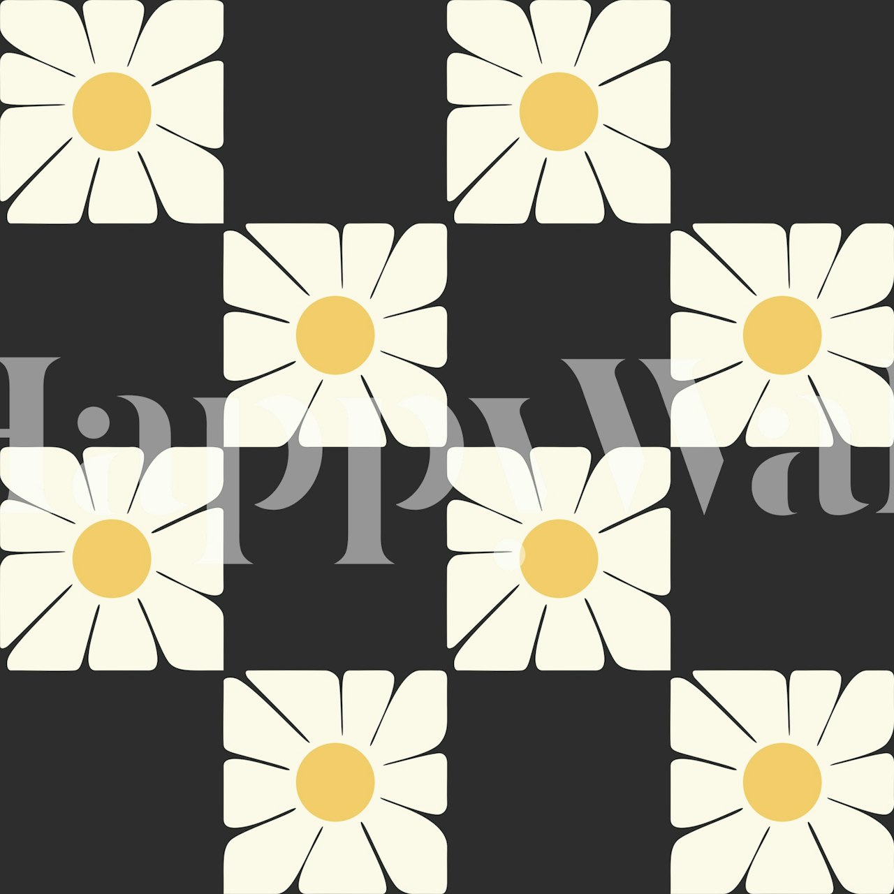 Daisy flower squares with yellow centers on black background wallpaper
