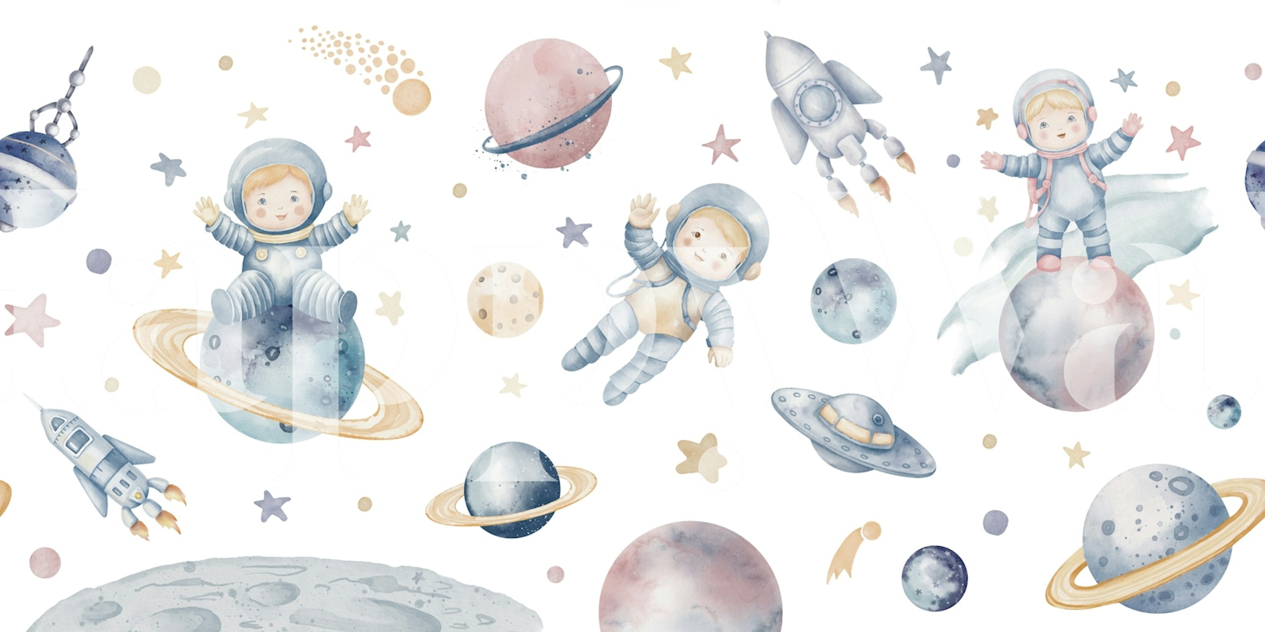 Two cute astronauts floating among planets and stars in soft pastel colors wallpaper