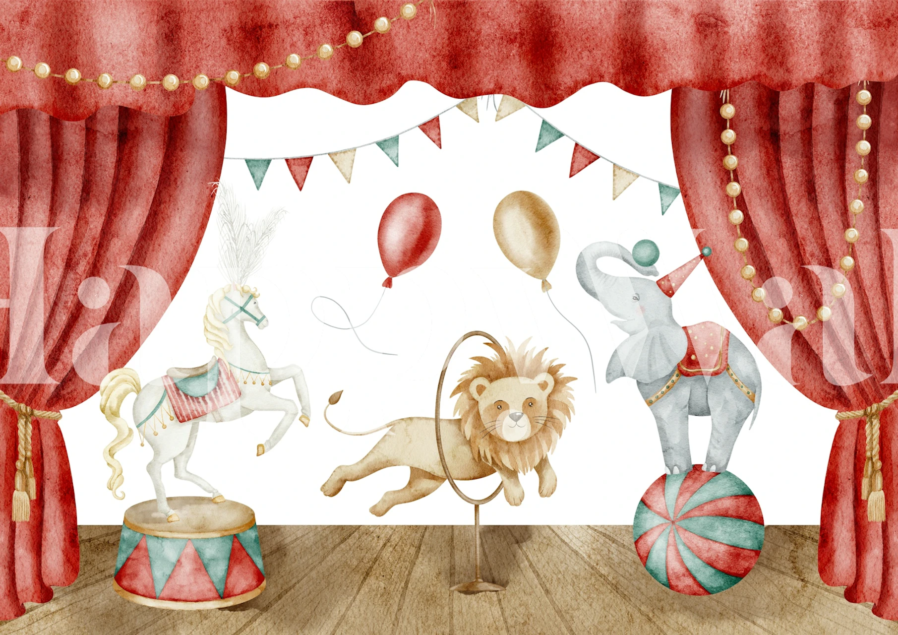 Circus animals including a lion, elephant, and horse on a vibrant stage, colorful balloons and decorations wallpaper
