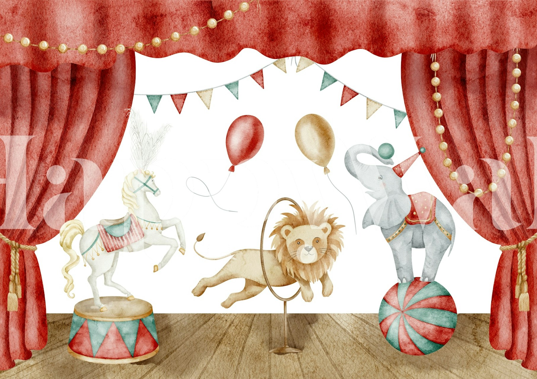 Circus animals including a lion, elephant, and horse on a vibrant stage, colorful balloons and decorations wallpaper