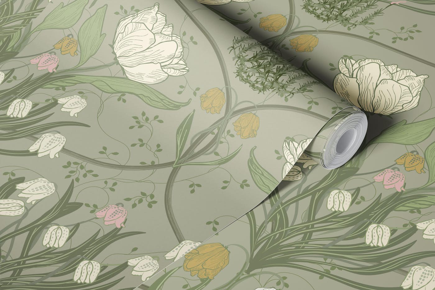 Art Nouveau Flourishing Woodland - Green wallpaper roll