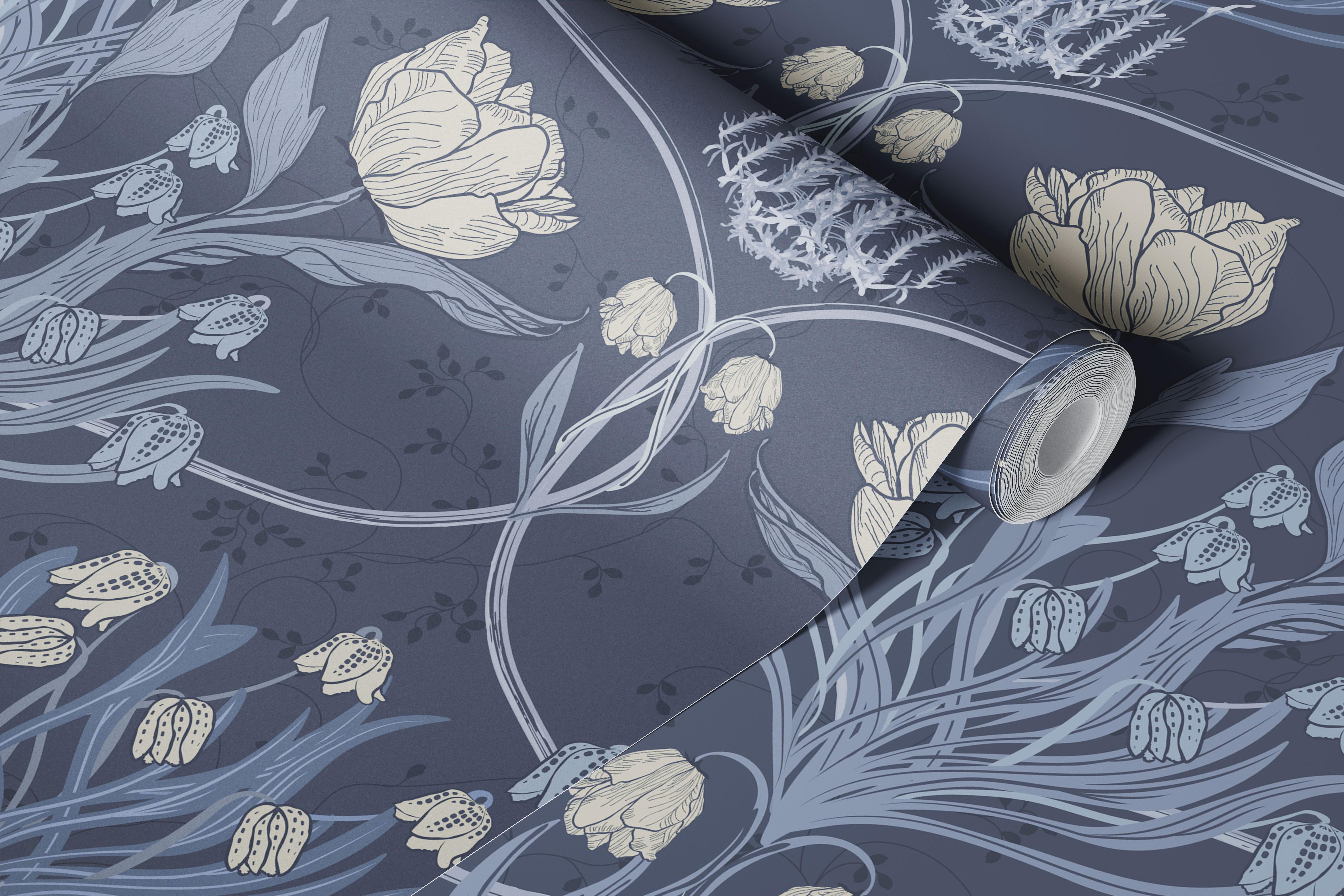Art Nouveau blue floral wallpaper with tulips and intricate patterns