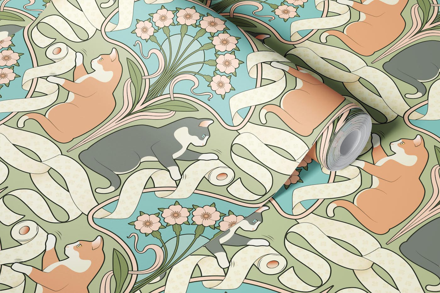 Gray & Orange Cats T Paper Art Nouveau Green wallpaper roll