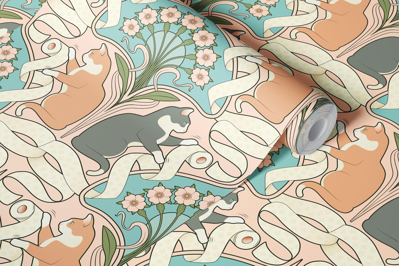 Gray & Orange Cats T Paper Art Nouveau Pink wallpaper roll