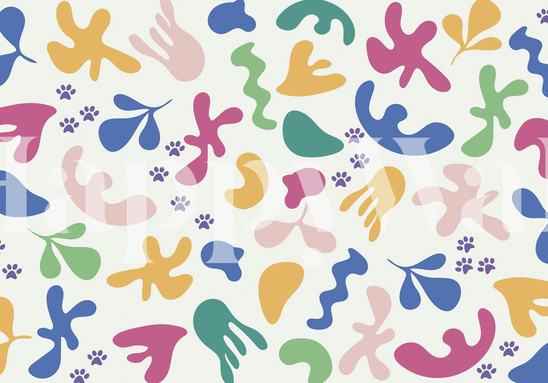 Colorful organic shapes in pink, blue, green, and yellow wallpaper