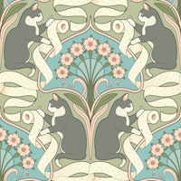 Gray Cat and Toilet Paper Art Nouveau Green tapete