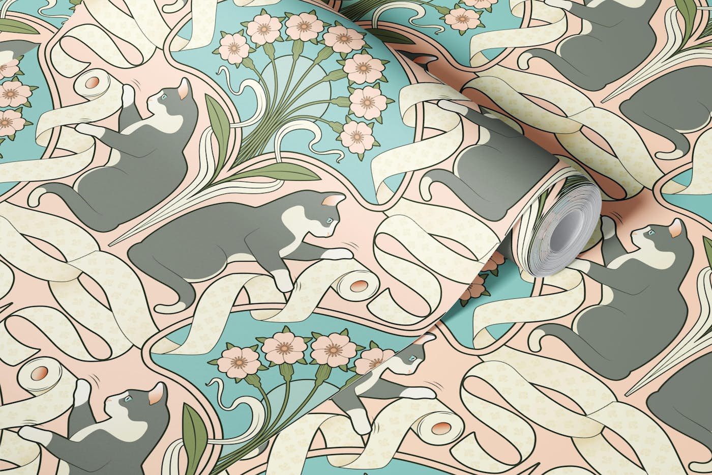 Gray Cat and Toilet Paper Art Nouveau Bg Pink wallpaper roll