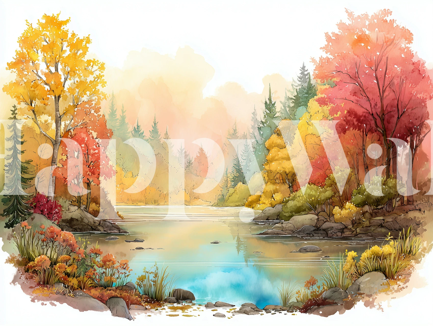 Autumn Serenity by the Lake wallpaper in a room