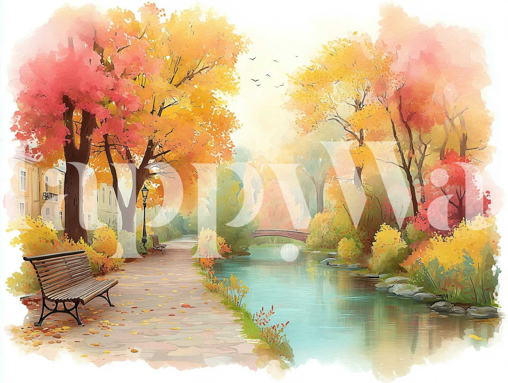 Autumn Serenity by the River behang in een kamer