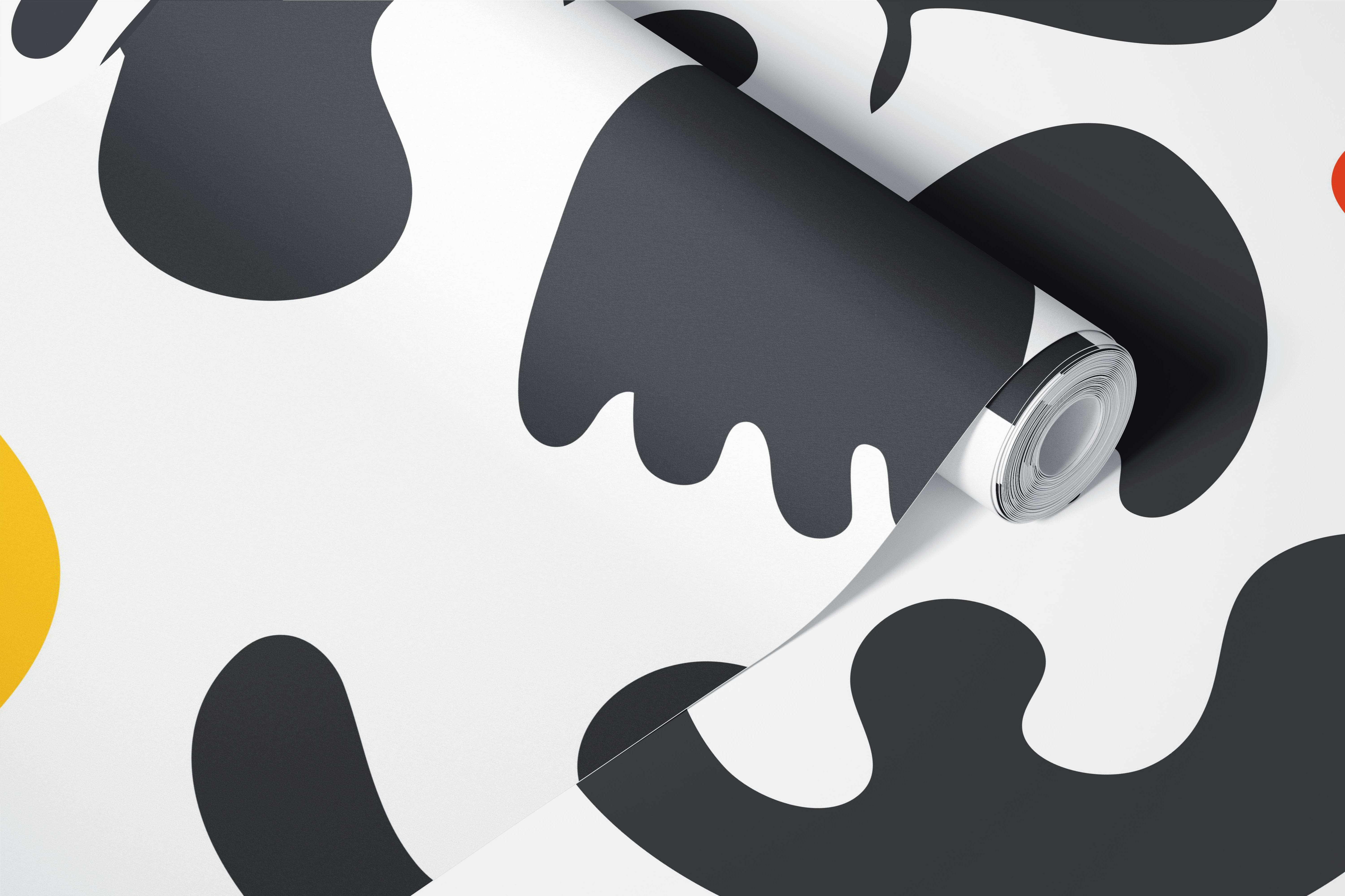 Colorful abstract shapes in black, green, blue, red, and pink on a white background wallpaper