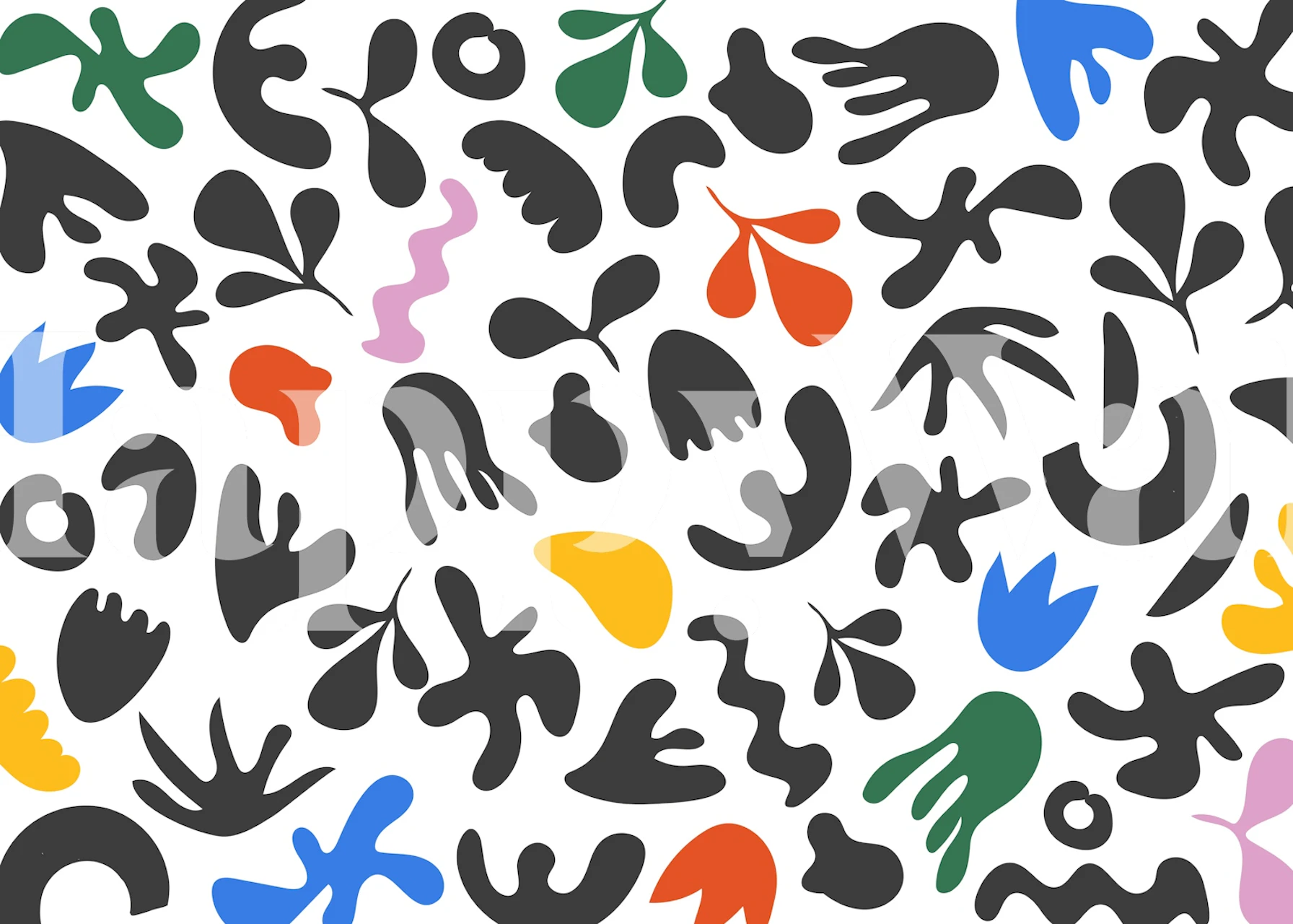 Colorful abstract shapes in black, green, blue, red, and pink on a white background wallpaper