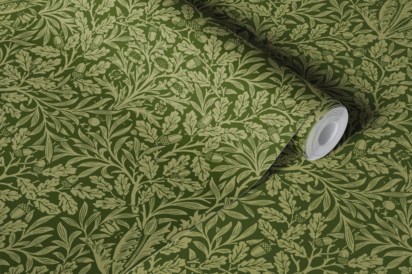Acorn in Moss and Olive - Arts and Crafts wallpaper roll