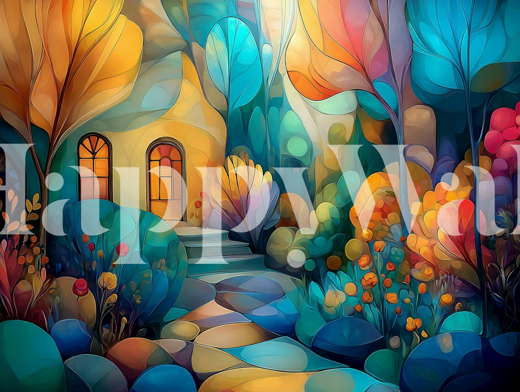 Colorful garden pathway with vibrant foliage and house wallpaper