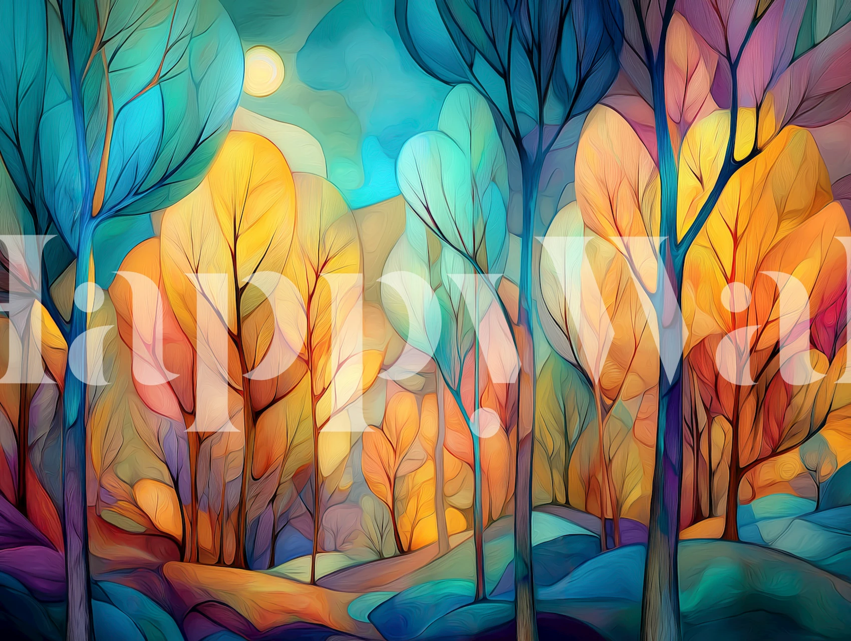 Vibrant autumn forest with colorful trees and pastel background wallpaper