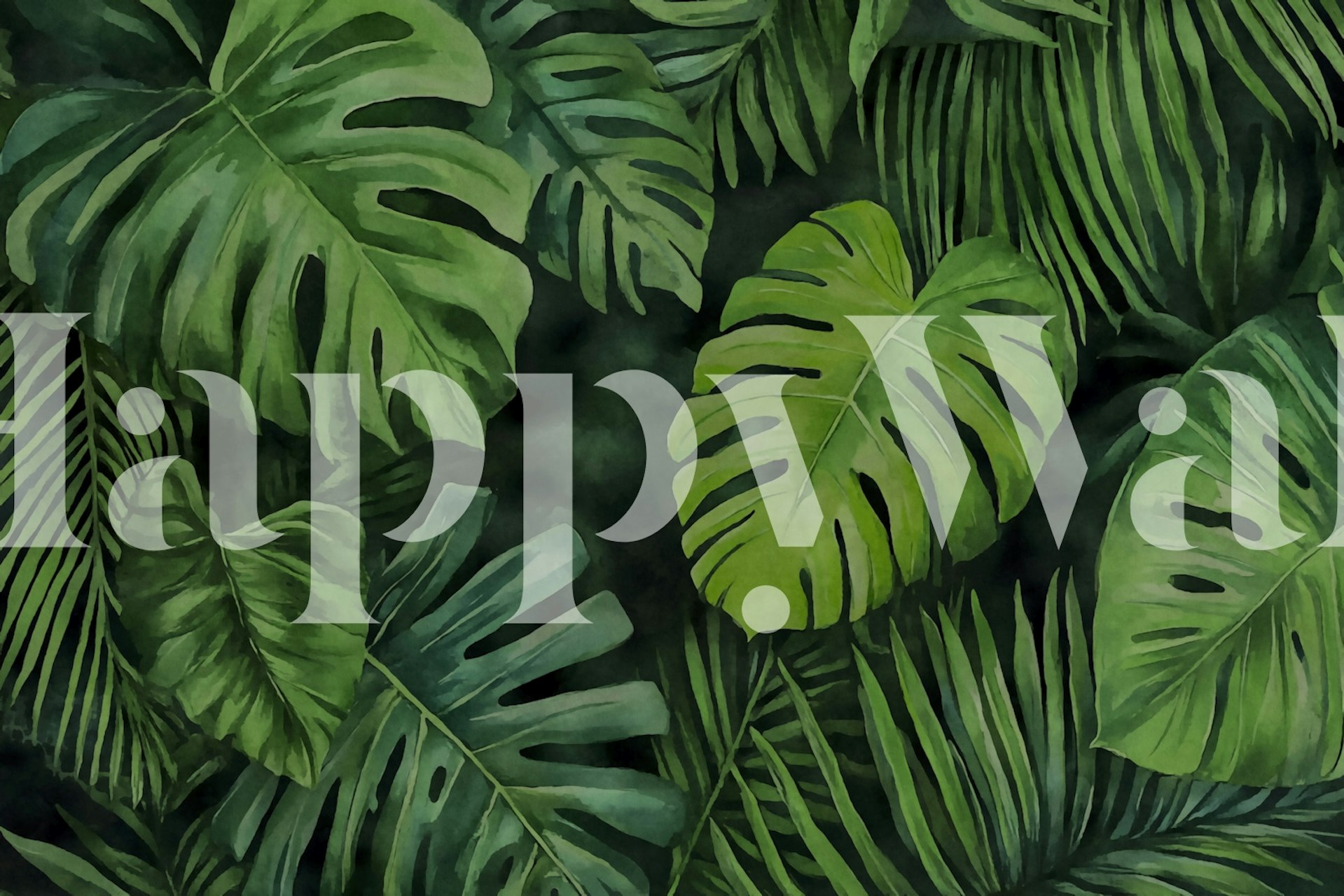 Lush green jungle foliage wallpaper in a room