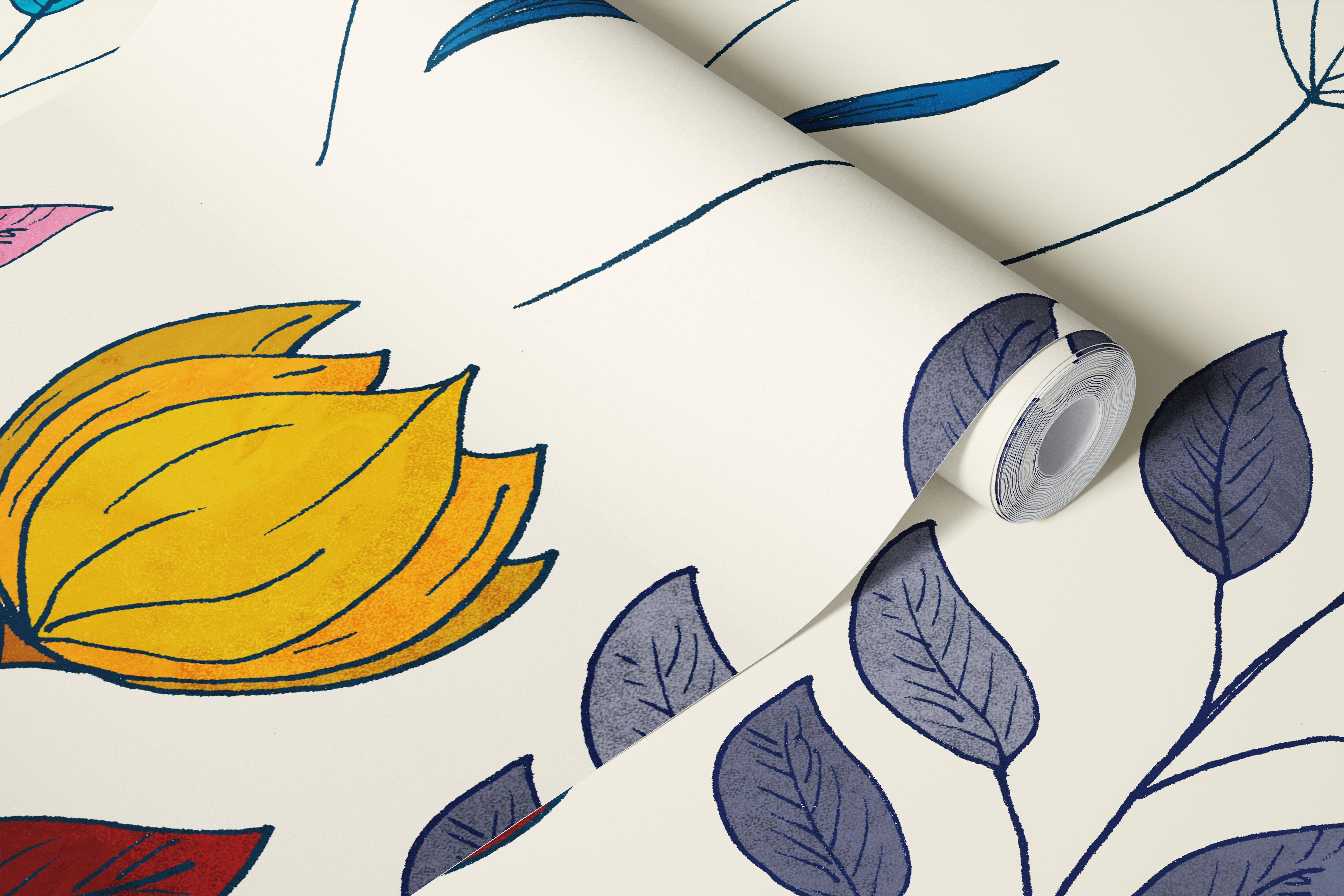 Vibrant floral pattern with various colored flowers and leaves on light background wallpaper