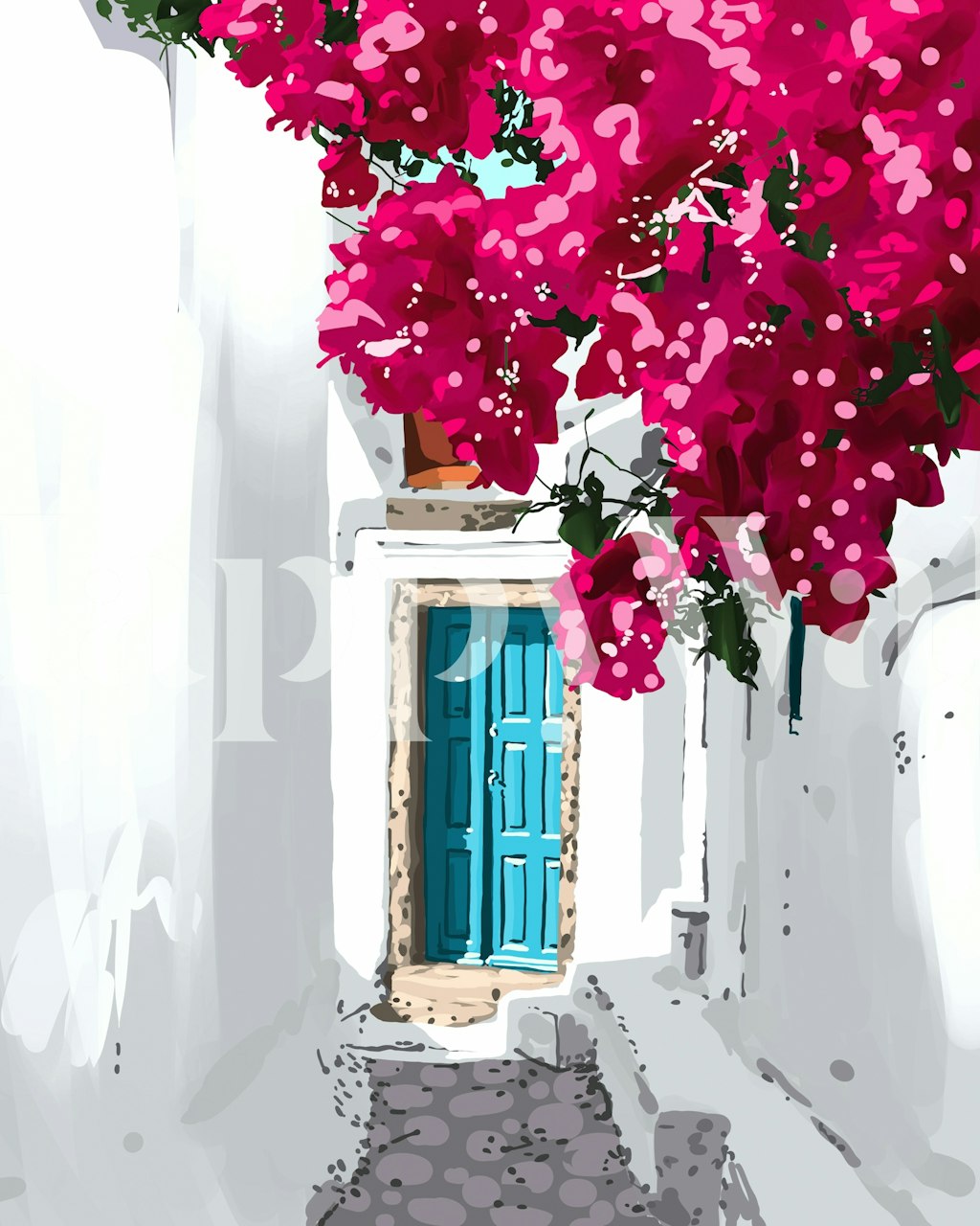 Greek Hideout wallpaper with vibrant flowers