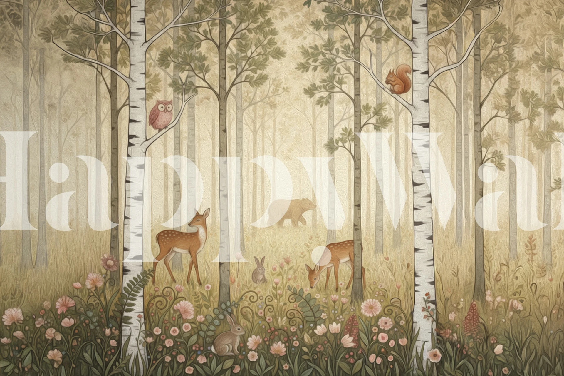 Forest Animals and Wildflowers wallpaper in a room