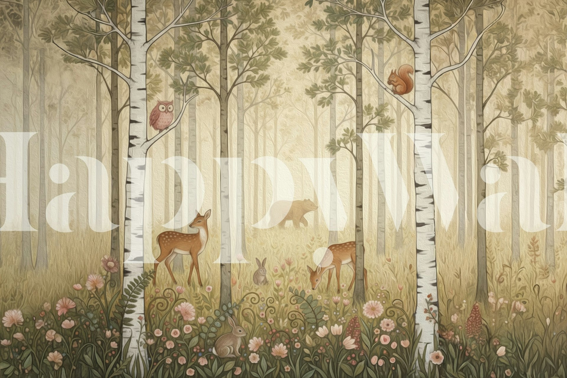 Forest Animals and Wildflowers wallpaper in a room
