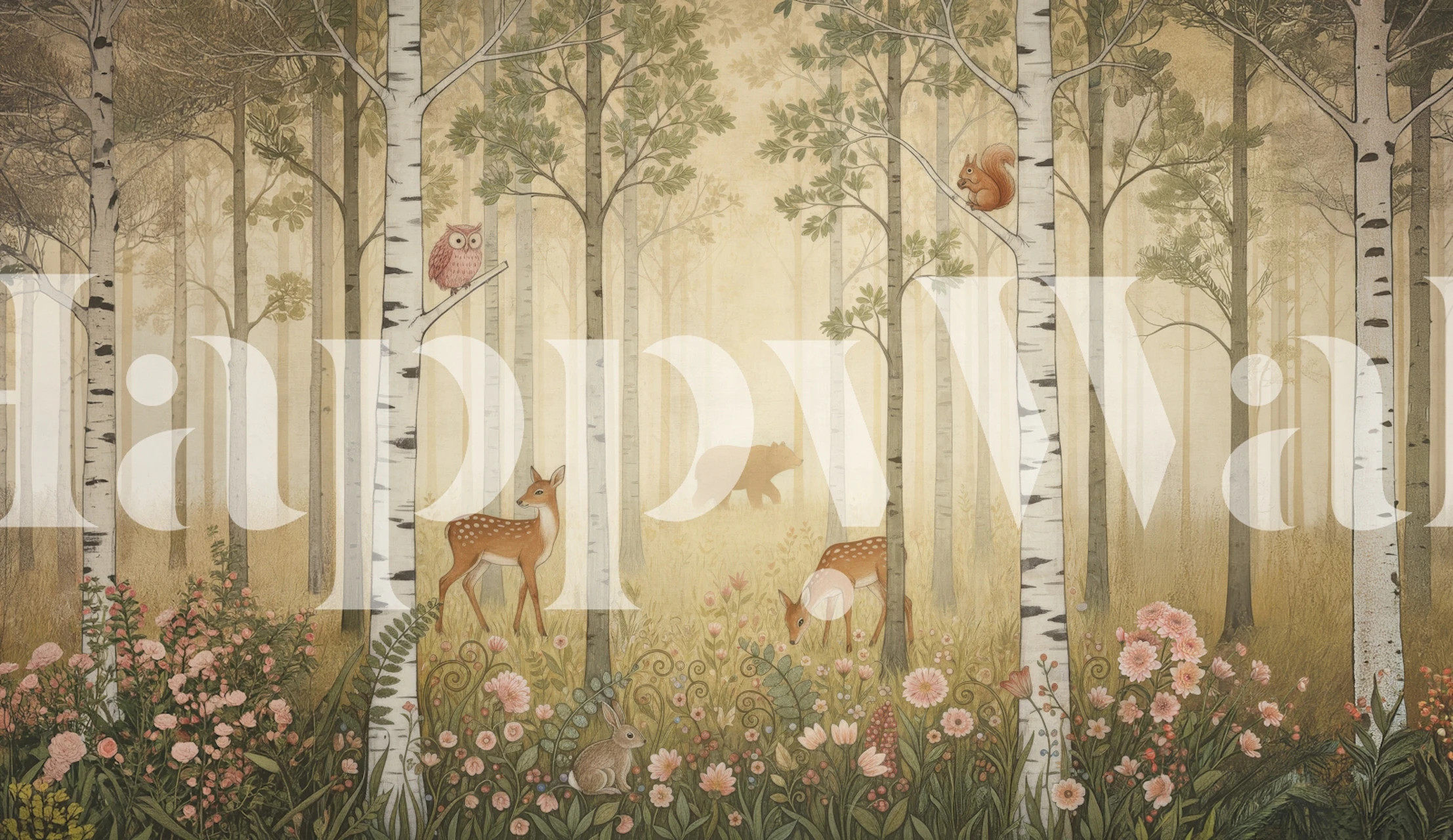 Forest Animals and Wildflowers wallpaper in a room