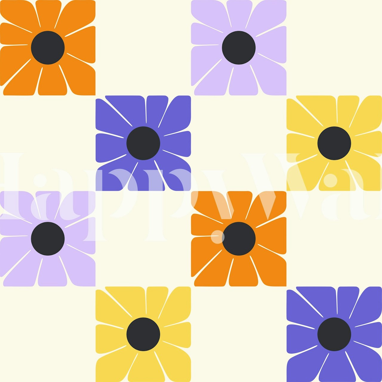 Sunny Daisies Squares Colorful Wallpaper in a Room