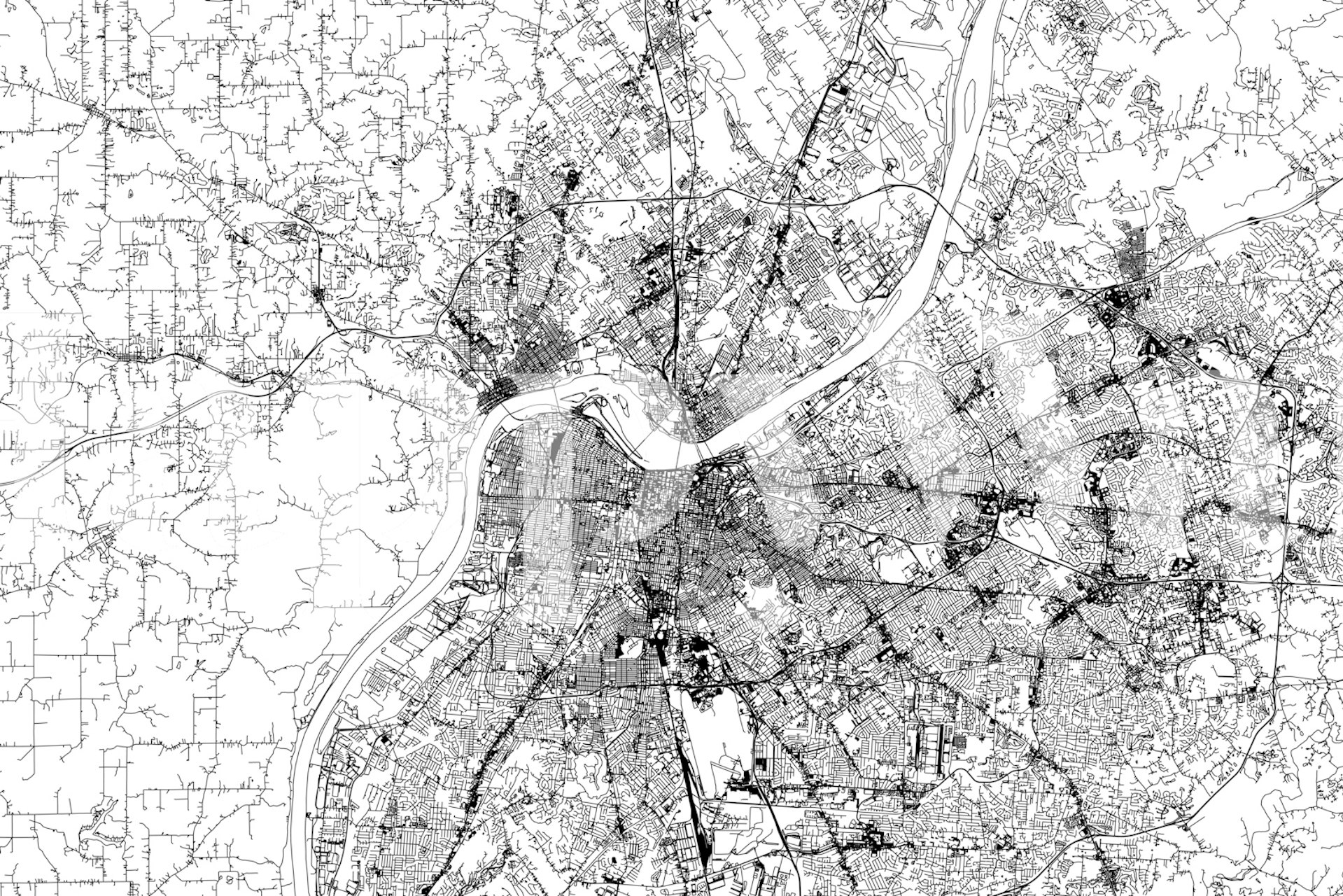 Black and white map of Louisville with detailed streets wallpaper