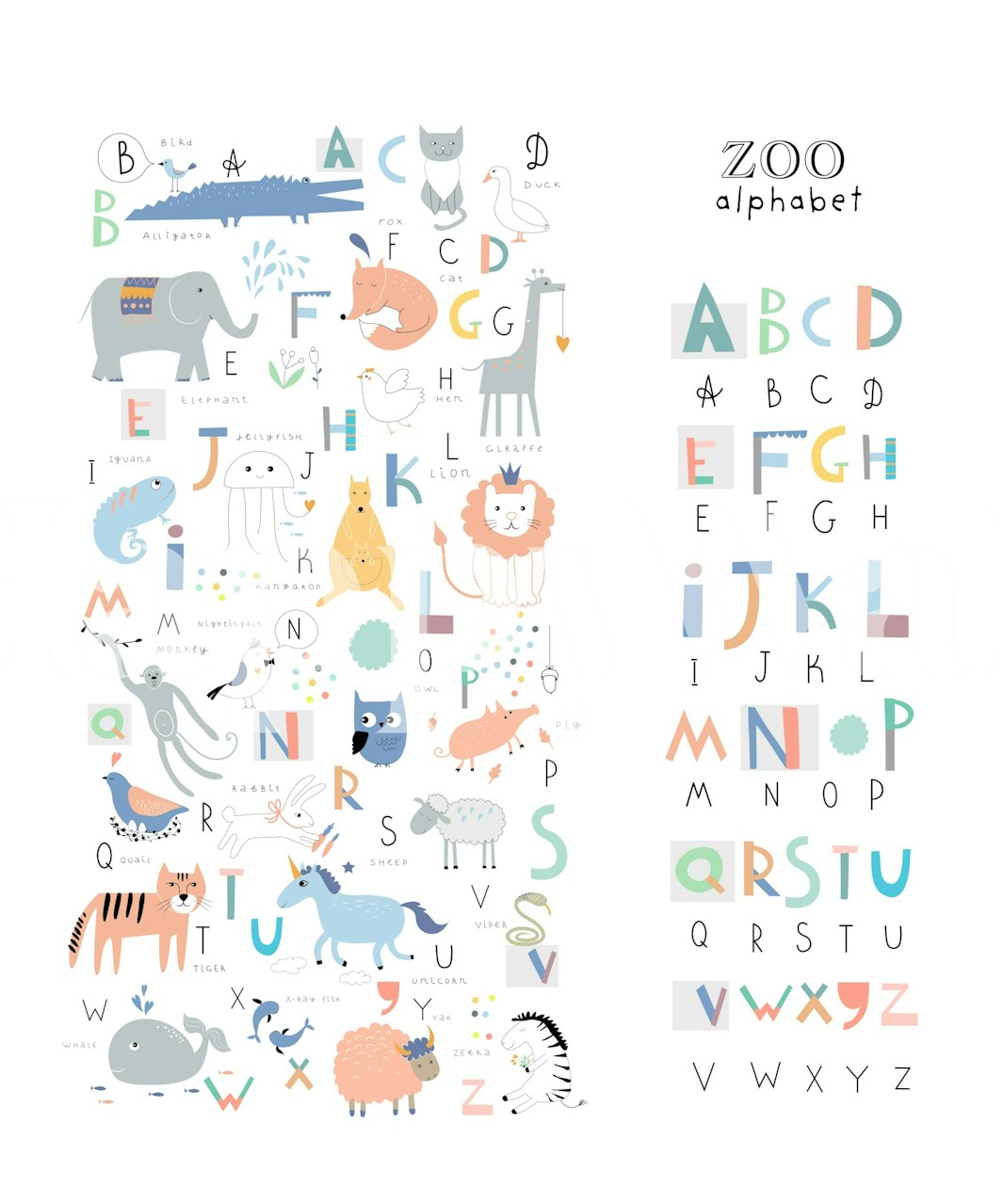 Colorful zoo alphabet wallpaper in a room